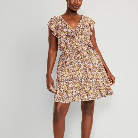 NWT Old Navy Waist-Defined Flutter-Sleeve Floral Mini Dress for Women - Picture 2 of 6